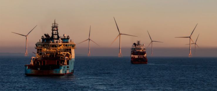 freight ships sailing through sea of windmills