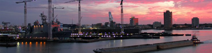 shipyard waterfront at sunset
